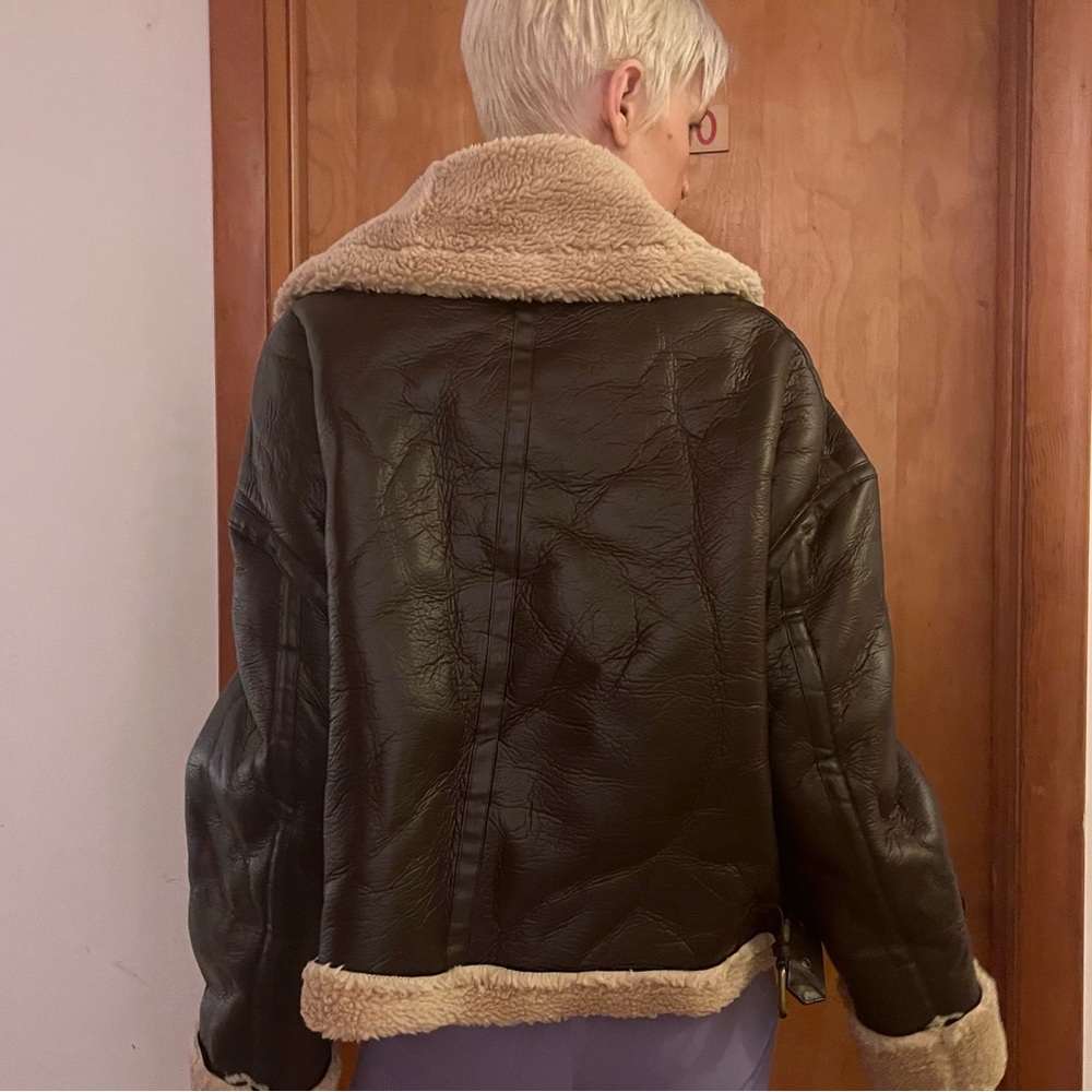 Faux leather fur aviator bomber jacket